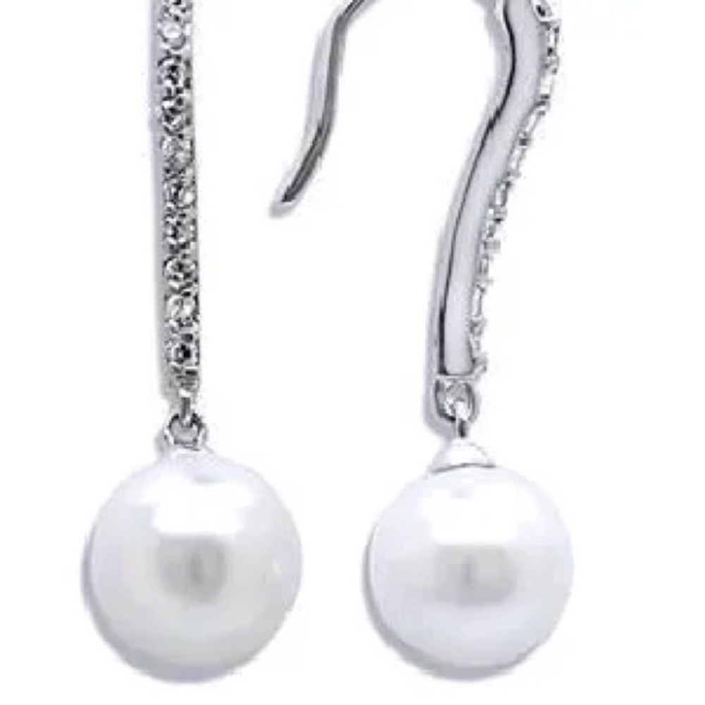 10mm Long Pearl Pave Set Cz cubic zirconia Fish Hook Drop Dangle Earrings silver